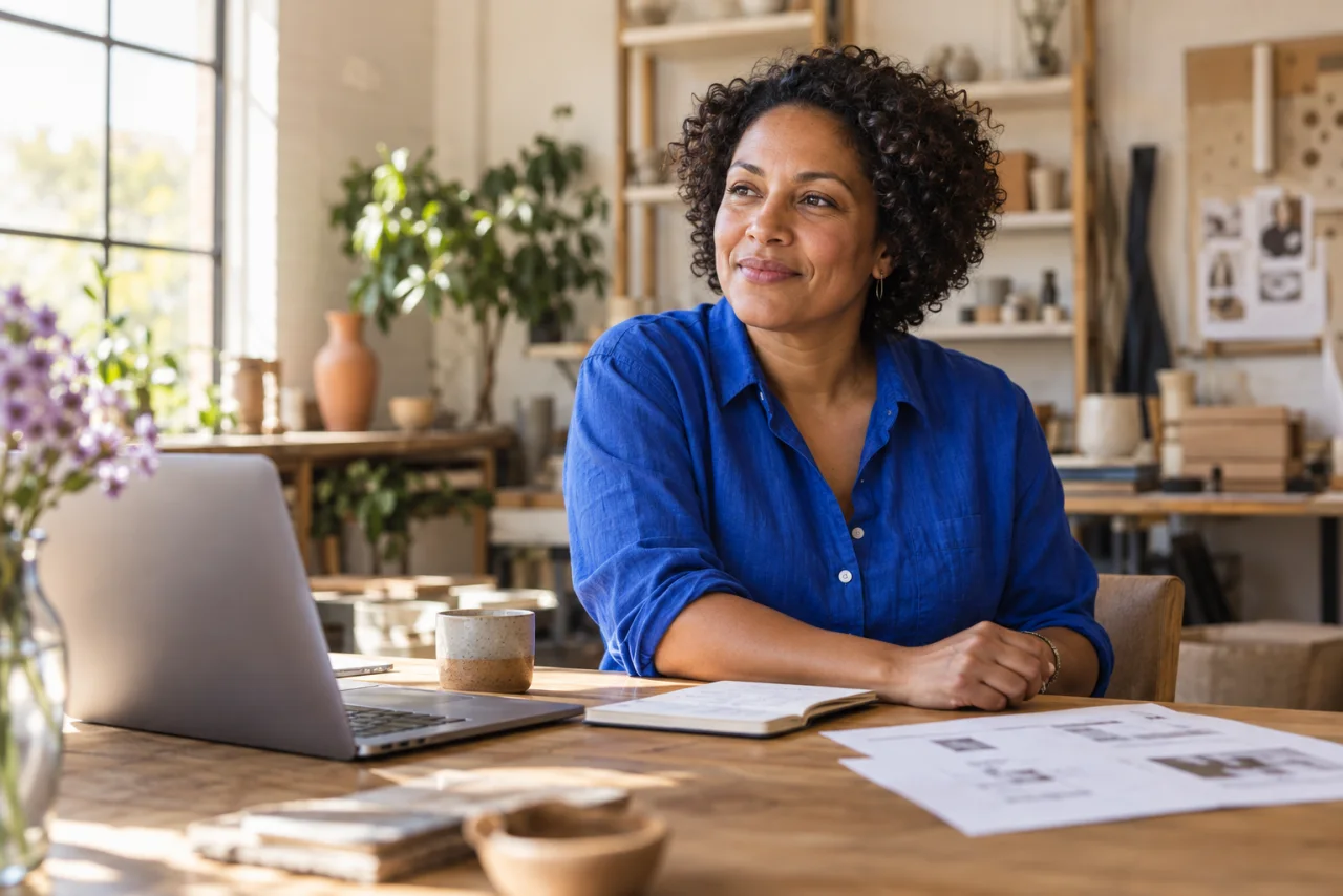 A business owner reflecting on the next step at her worktable