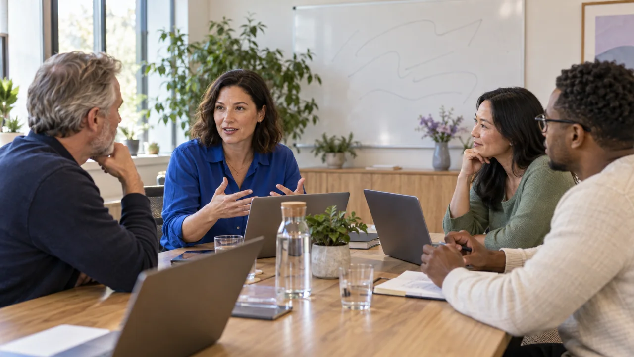 Four colleagues discussing a project around a conference table